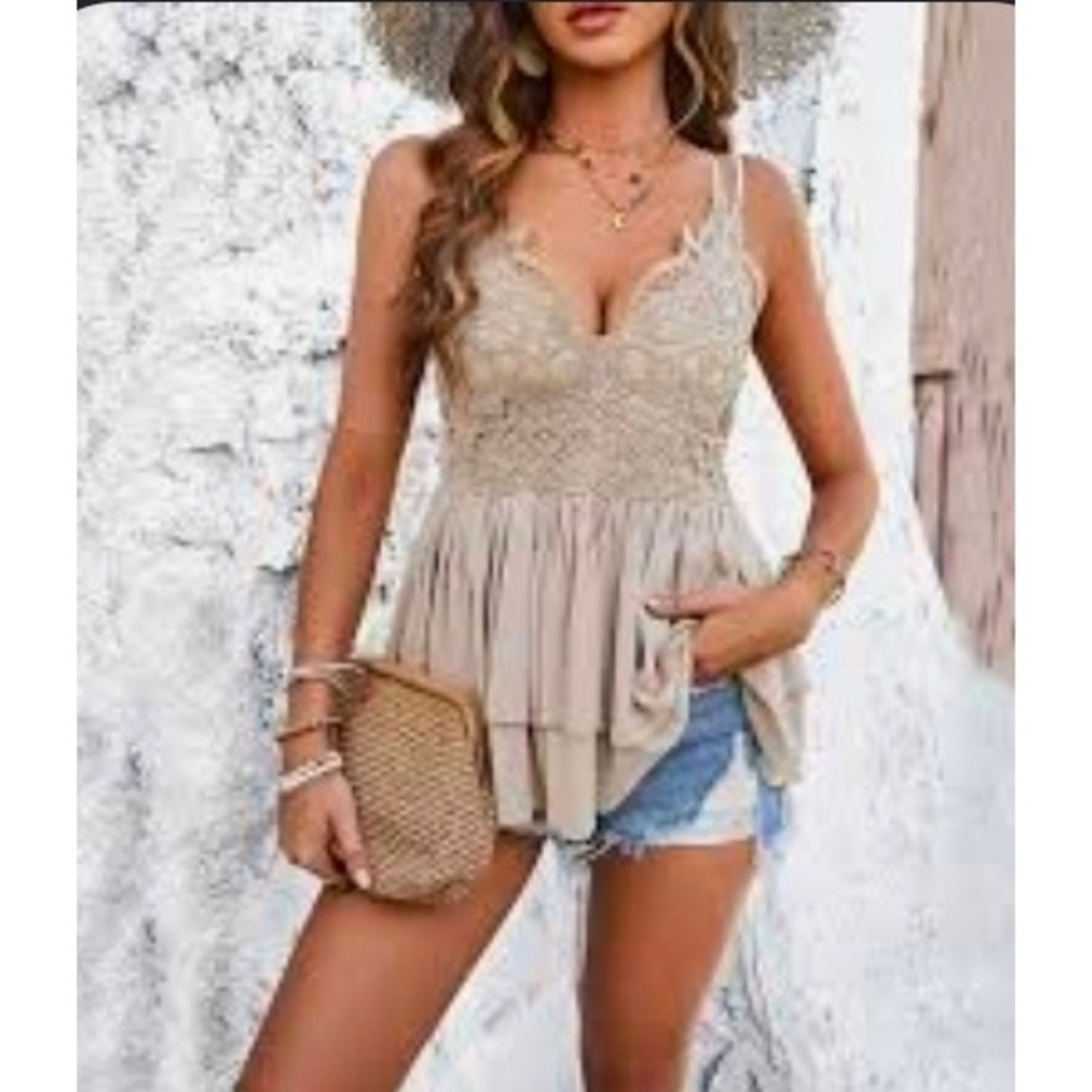 Anemone Tan Camisole Babydoll Top M Boho Lace Ruffle Peplum Boho Y2K Adjustable